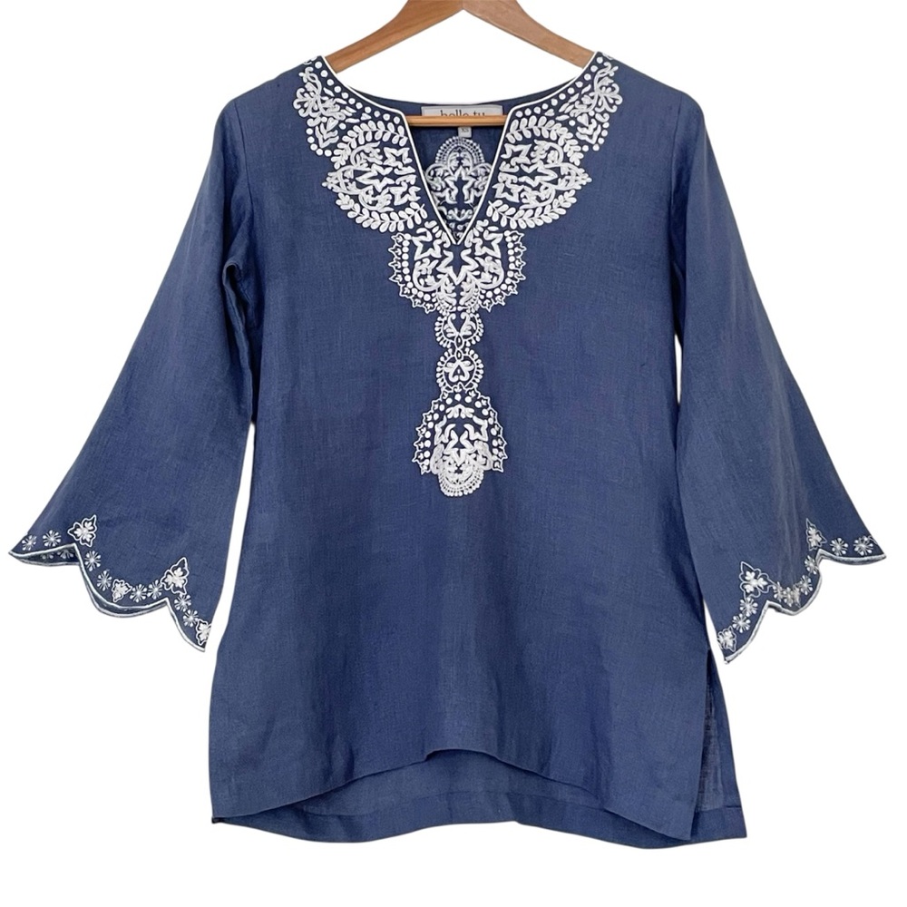 Bella Tu Linen Tunic Top Women’s XS Embroidered Scalloped Blue White